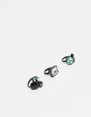 Reclaimed Vintage - Limited Edition - Ring-Set in Silberoptik mit grünen und schwarzen Steinen-Bunt