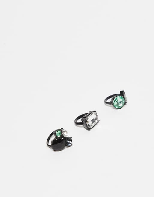 Reclaimed Vintage – Limited Edition – Ring-Set in Silberoptik mit grünen und schwarzen Steinen