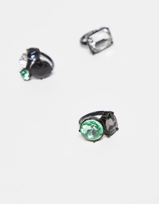 Reclaimed Vintage – Limited Edition – Ring-Set in Silberoptik mit grünen und schwarzen Steinen, 2 von 3