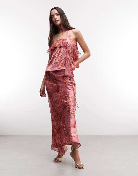Reclaimed Vintage Limited Edition satin and chiffon mix set with ruffles in pink paisley print - view 1