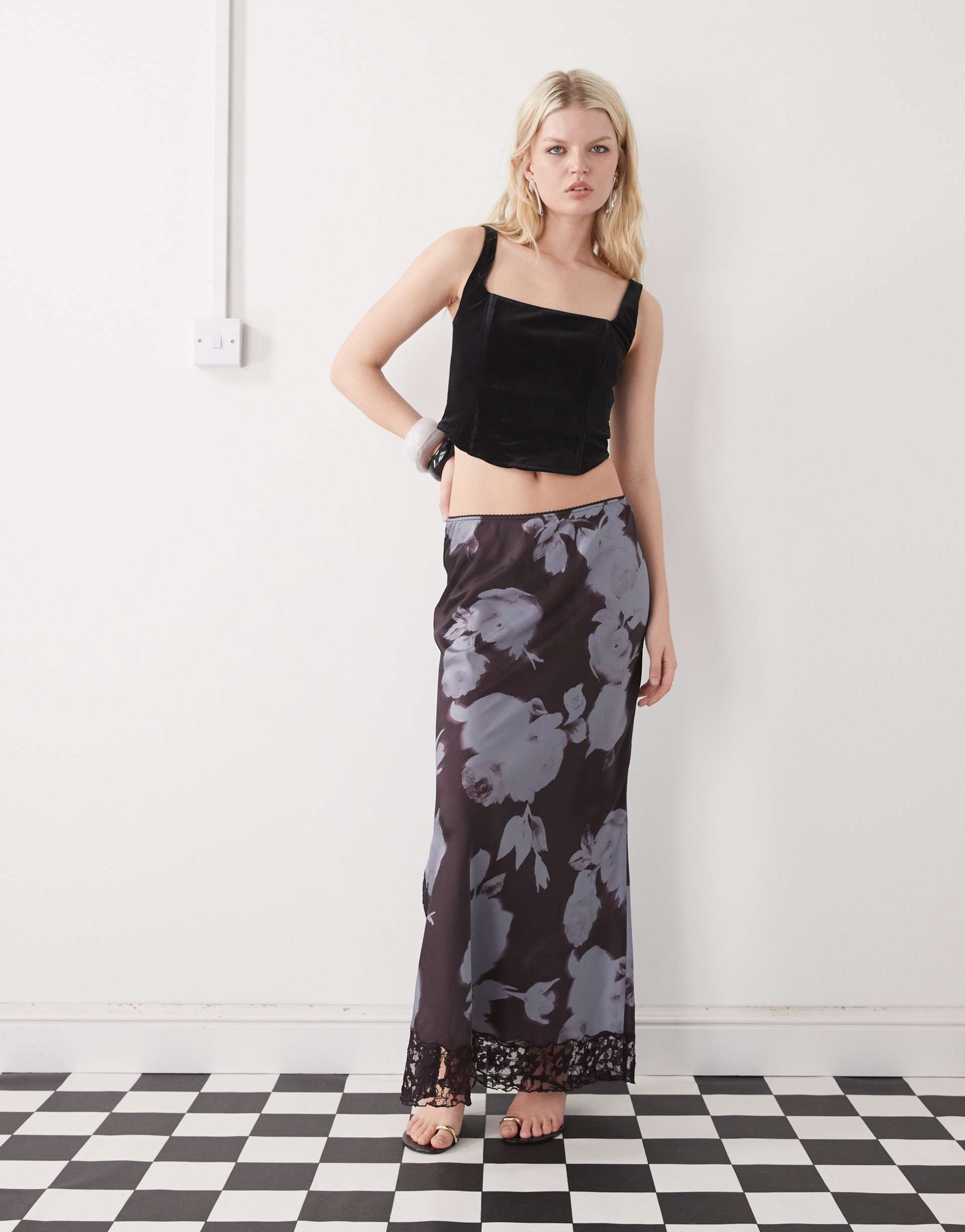 reclaimed vintage limited edition satin midi skirt with lace inserts in blurred blue floral print