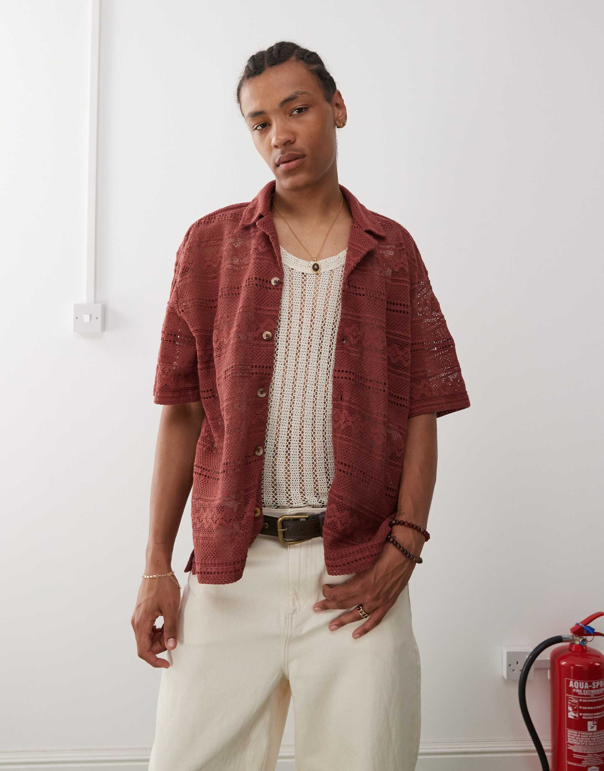 reclaimed vintage limited edition short sleeve crochet lace shirt in burgundy