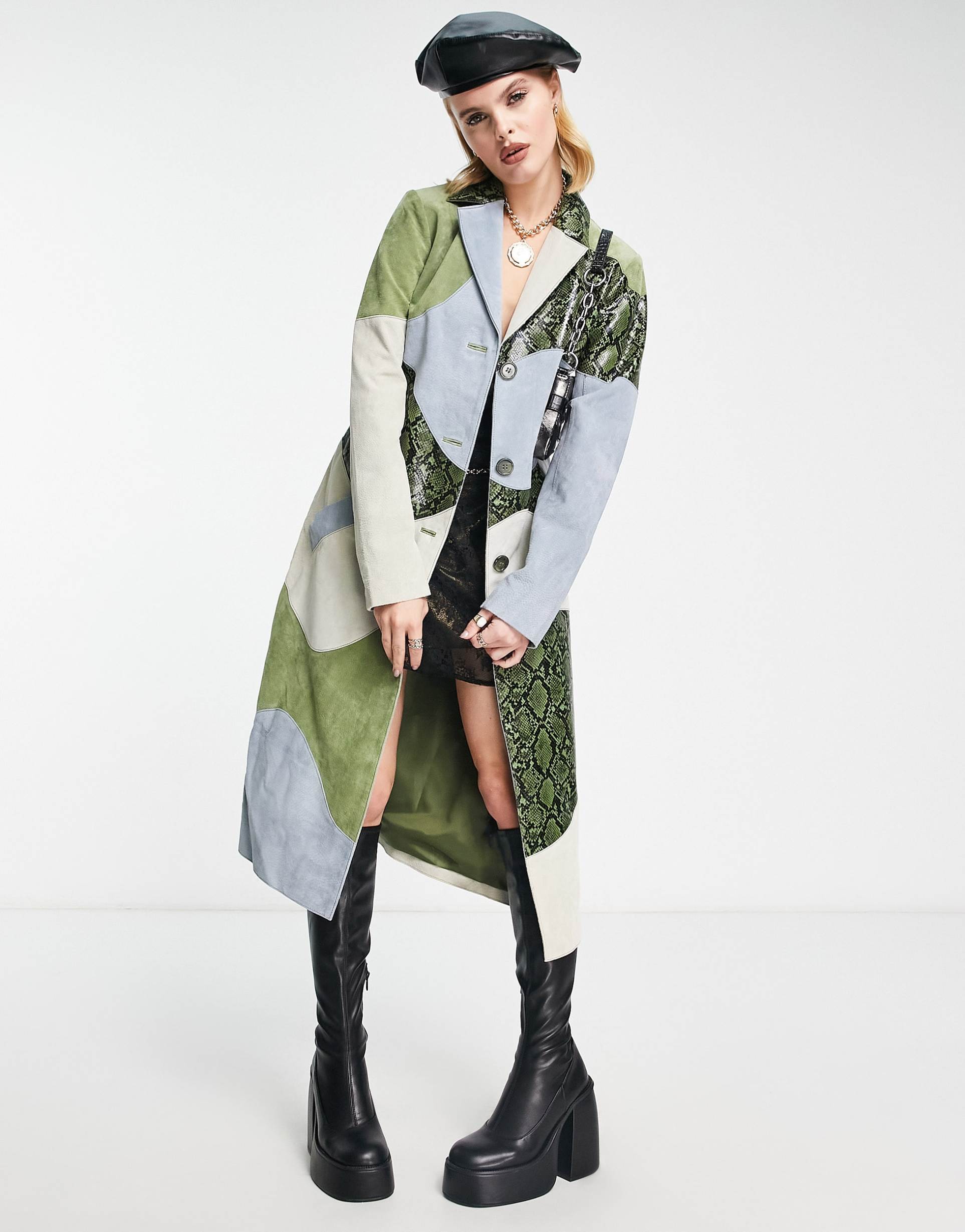Reclaimed Vintage limited edition spliced trench coat in leather and faux snake view 2
