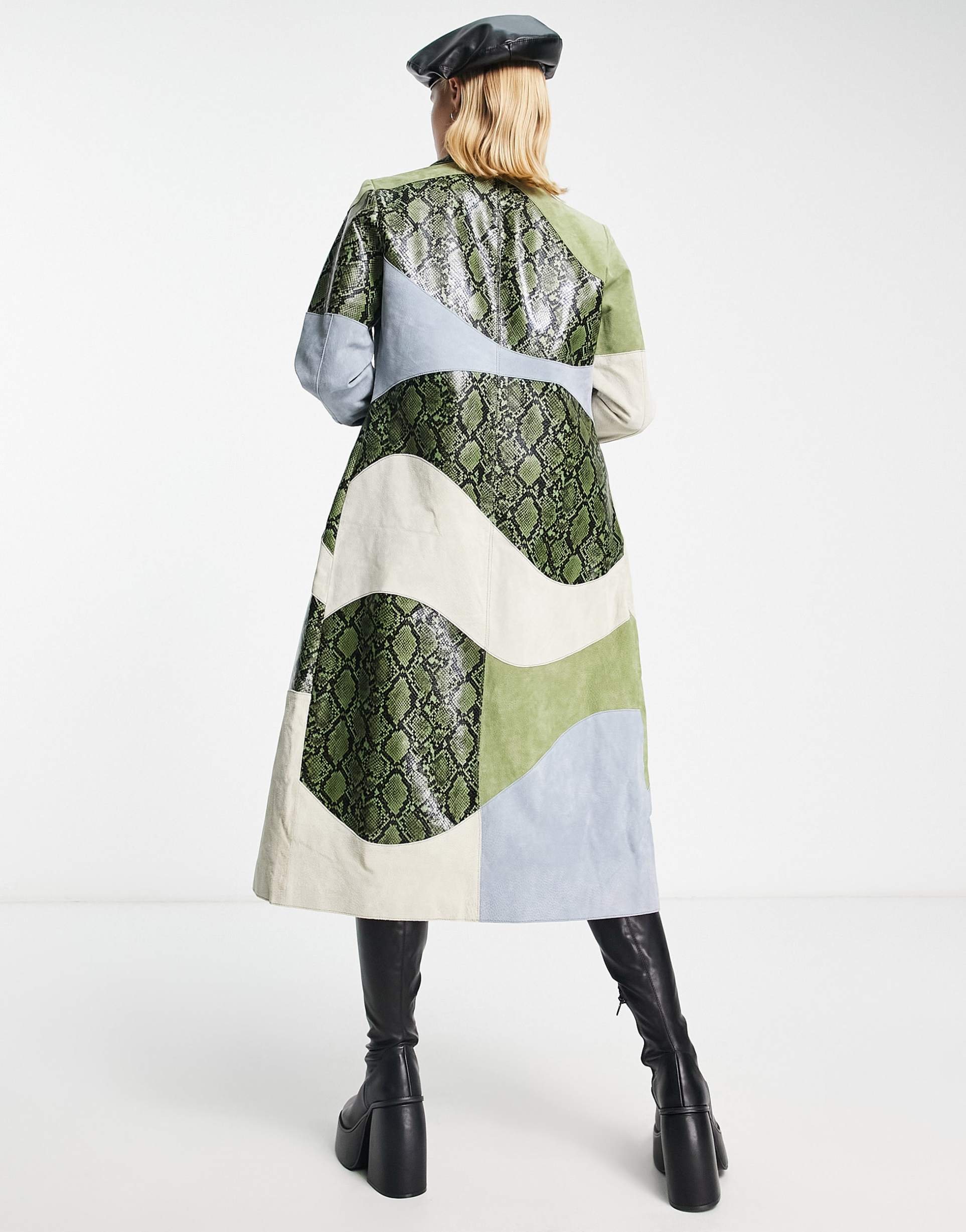 Reclaimed Vintage limited edition spliced trench coat in leather and faux snake view 4