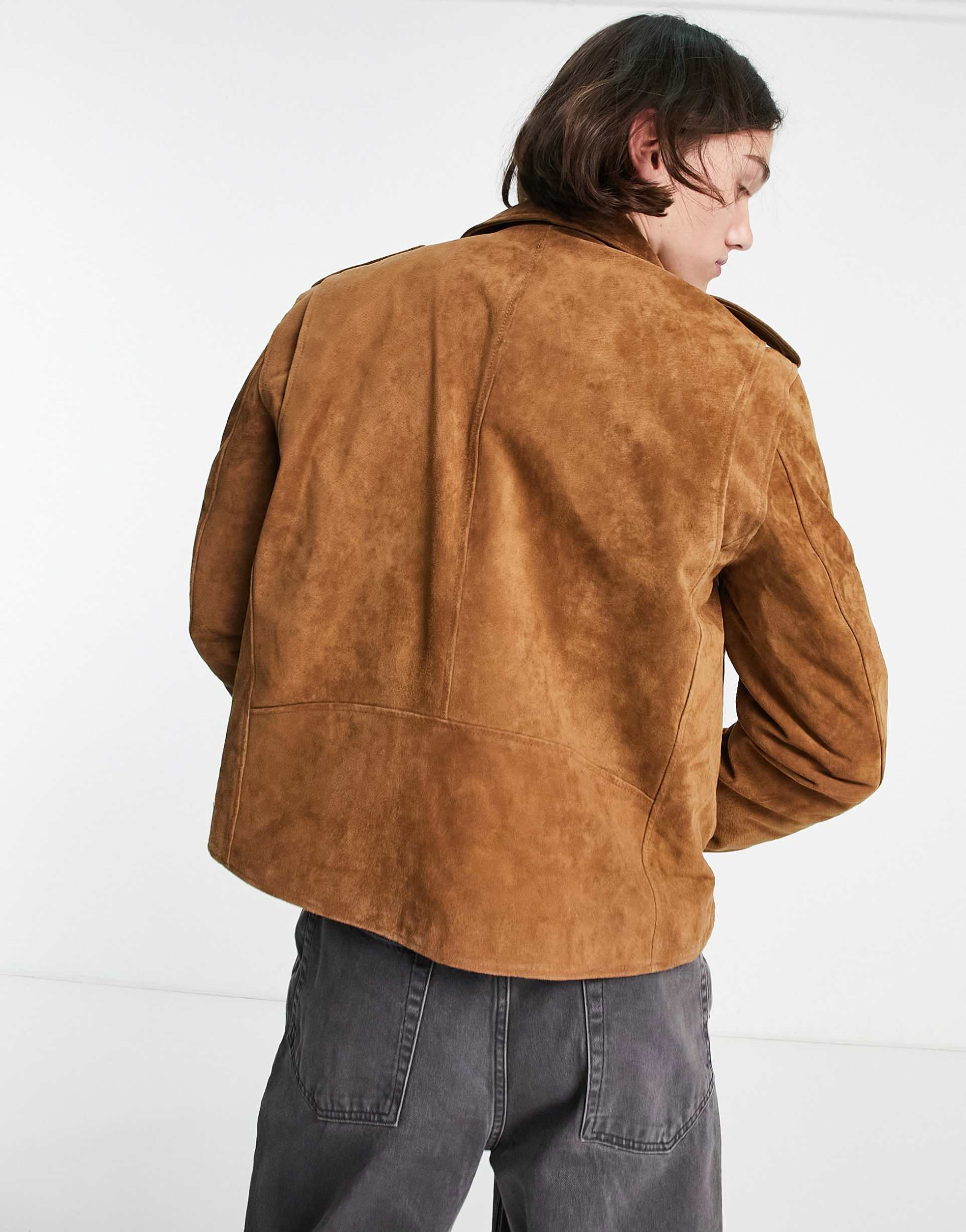 Reclaimed Vintage limited edition suede biker jacket in tan view 3