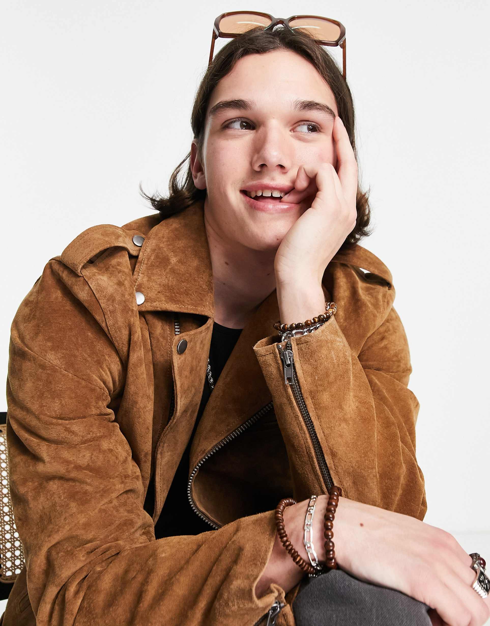 Reclaimed Vintage limited edition suede biker jacket in tan view 4