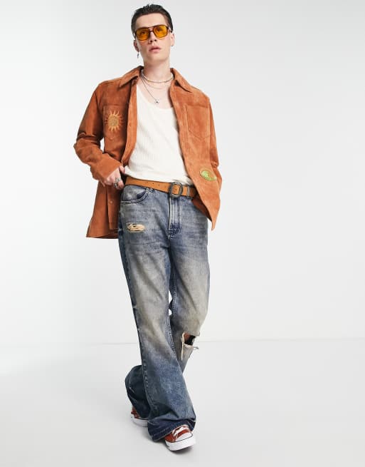 Reclaimed Vintage Limited Edition suede jacket with badge detail in tan