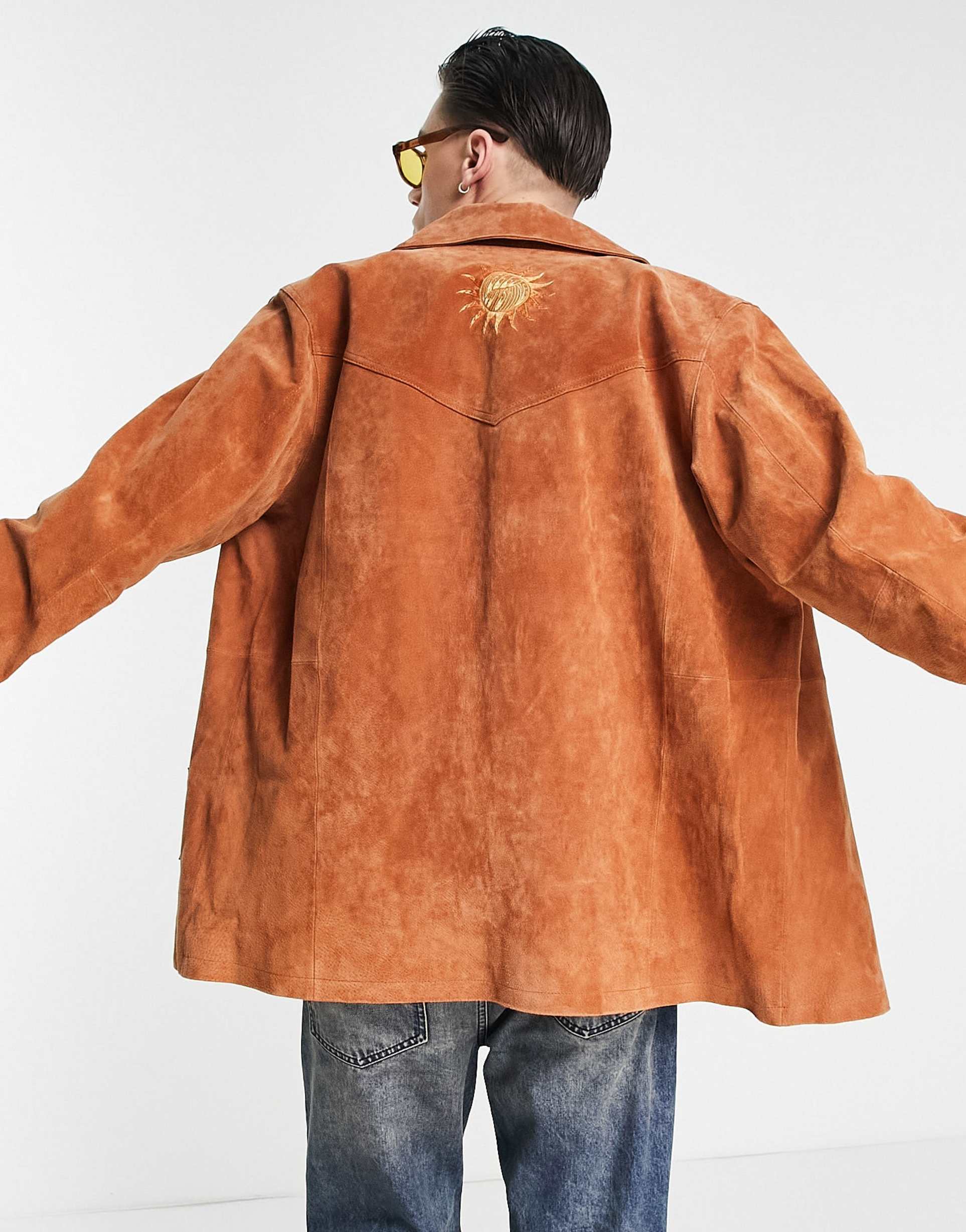 Reclaimed Vintage limited edition suede jacket with with badge detail in tan view 3