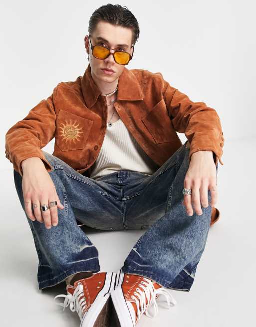 Reclaimed Vintage limited edition suede jacket with with badge detail in tan, 4 of 4