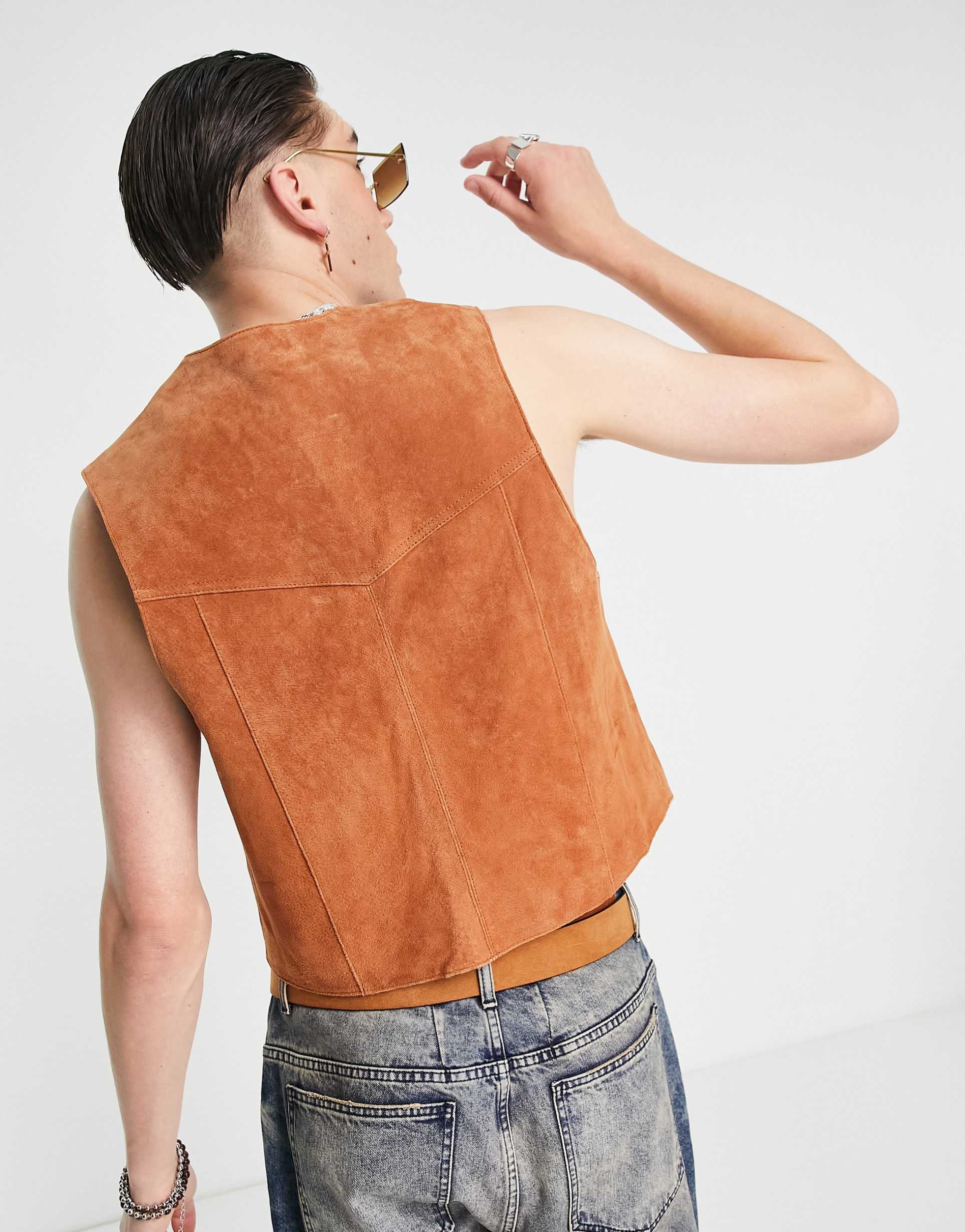 Reclaimed Vintage limited edition suede waistcoat in tan view 4