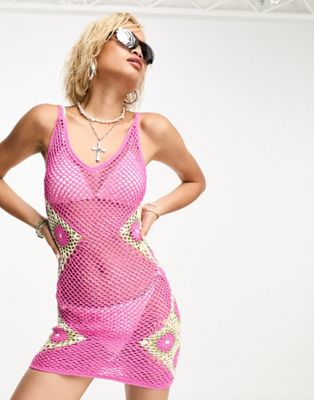 Reclaimed Vintage limited edition summer crochet festival mini dress in pink-Multi
