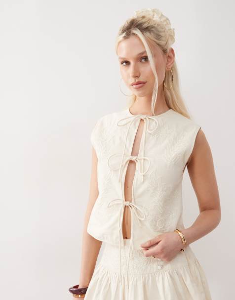 Reclaimed Vintage Limited Edition tie front top with pearl embroidery co-ord - view 1