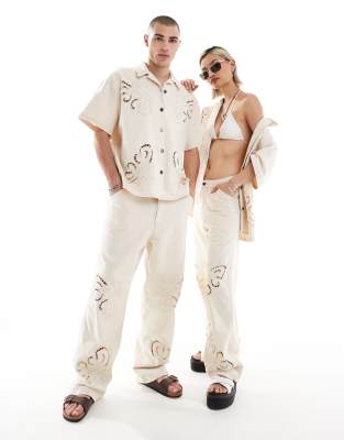 limited edition unisex cutwork jeans with embroidery-White