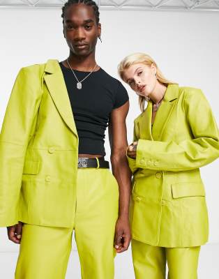 Reclaimed Vintage Limited Edition unisex leather blazer in chartreuse co-ord - ASOS Price Checker