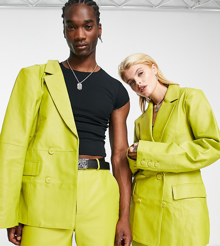 Reclaimed Vintage Limited Edition unisex leather blazer in chartreuse co-ord-Green