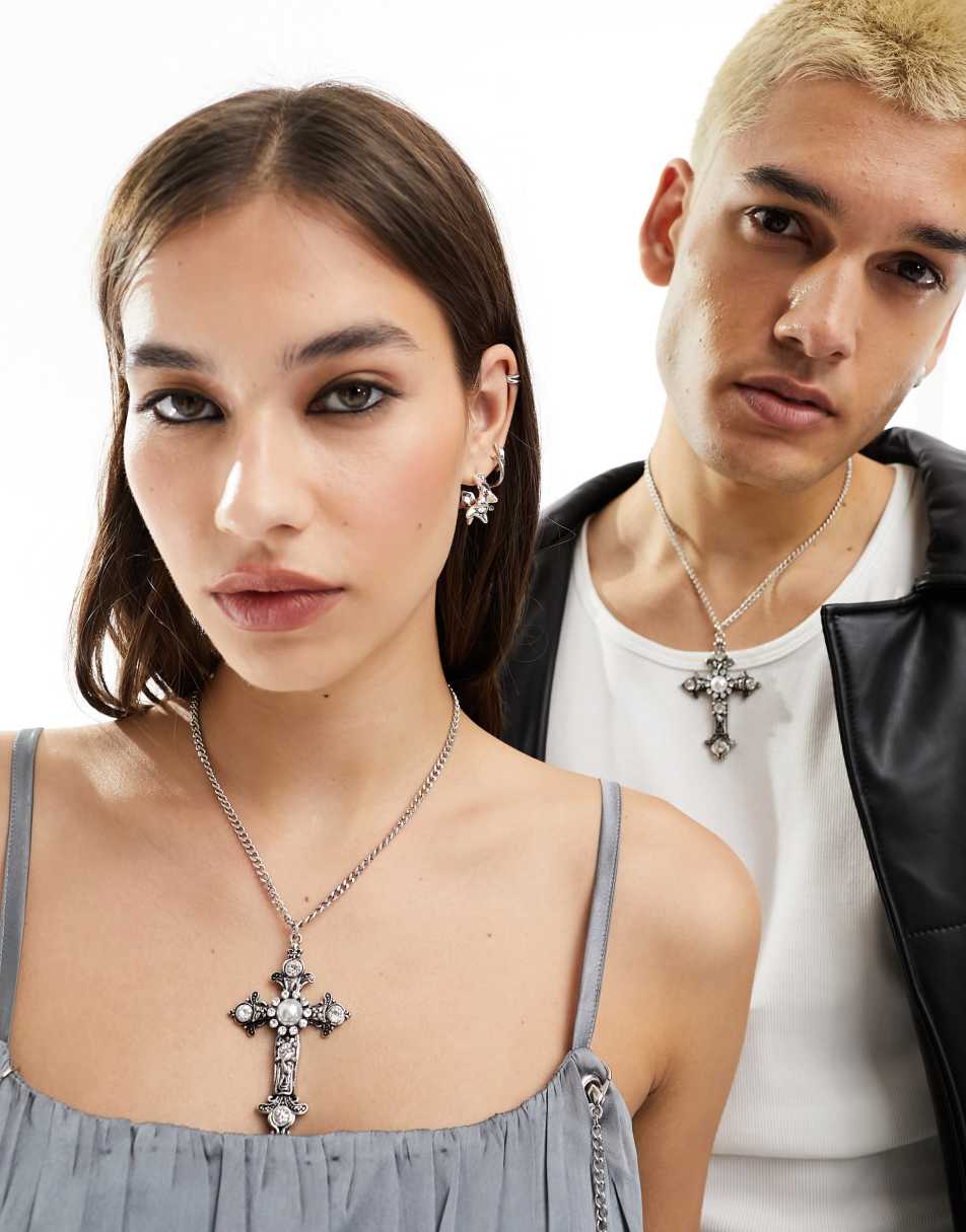 Reclaimed Vintage limited edition unisex statement cross necklace in burnished silver