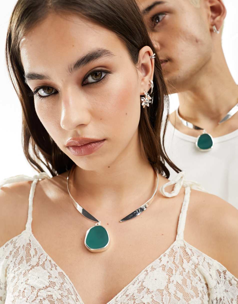 Reclaimed Vintage limited edition unisex torque necklace with jade pendant in real silver plate