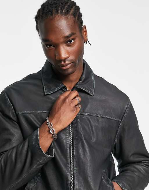 Reclaimed Vintage limited edition washed leather zip front jacket in black ASOS