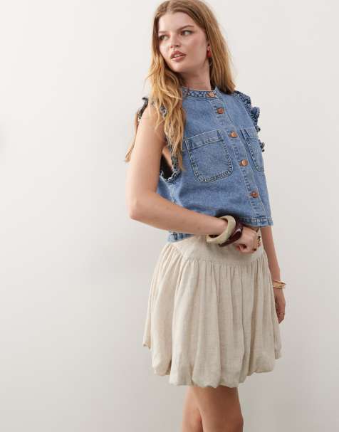 Reclaimed Vintage linen blend bubble mini skirt with dropped waist in neutral - view 1