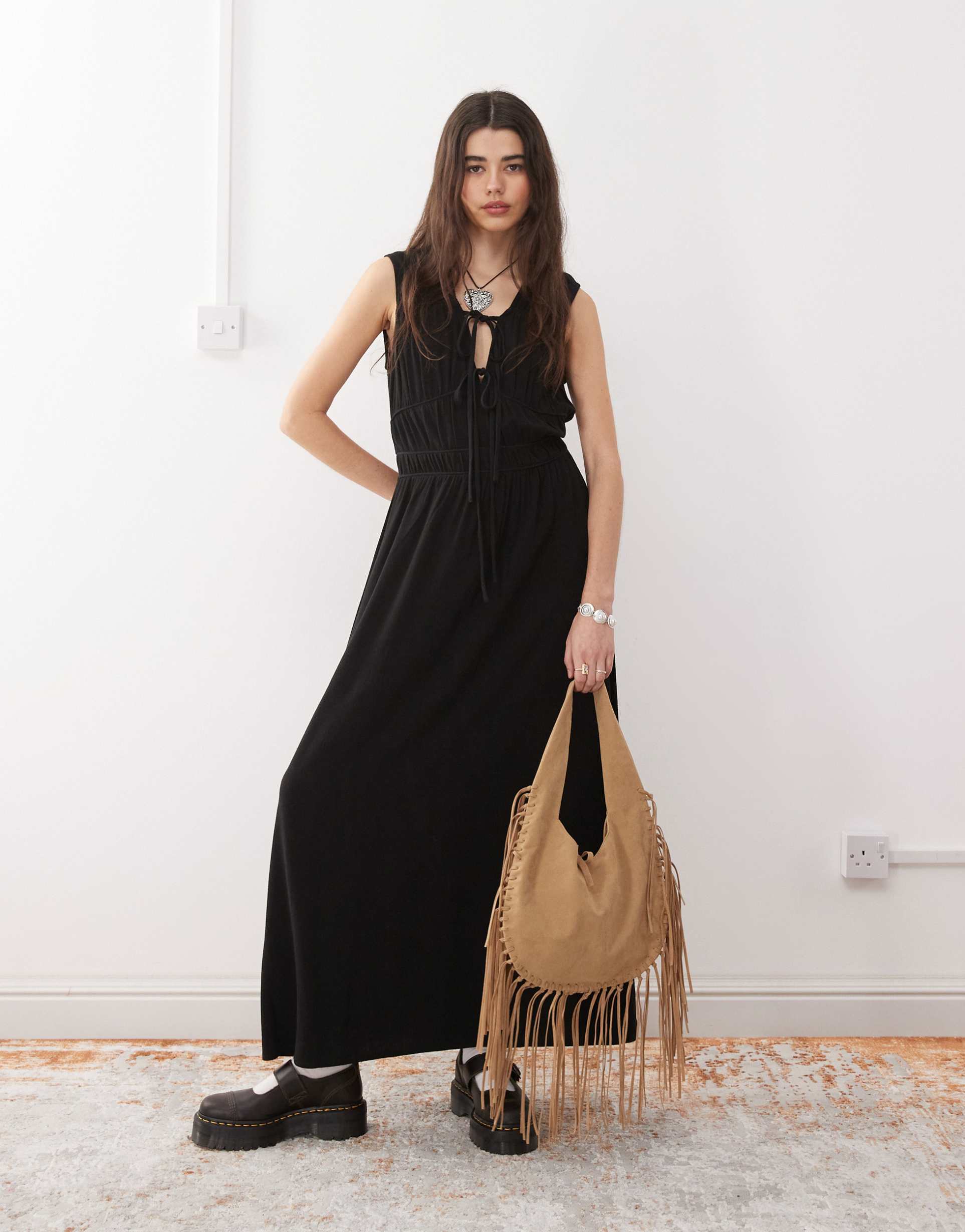 reclaimed vintage linen blend maxi sundress with ruching and ties in black