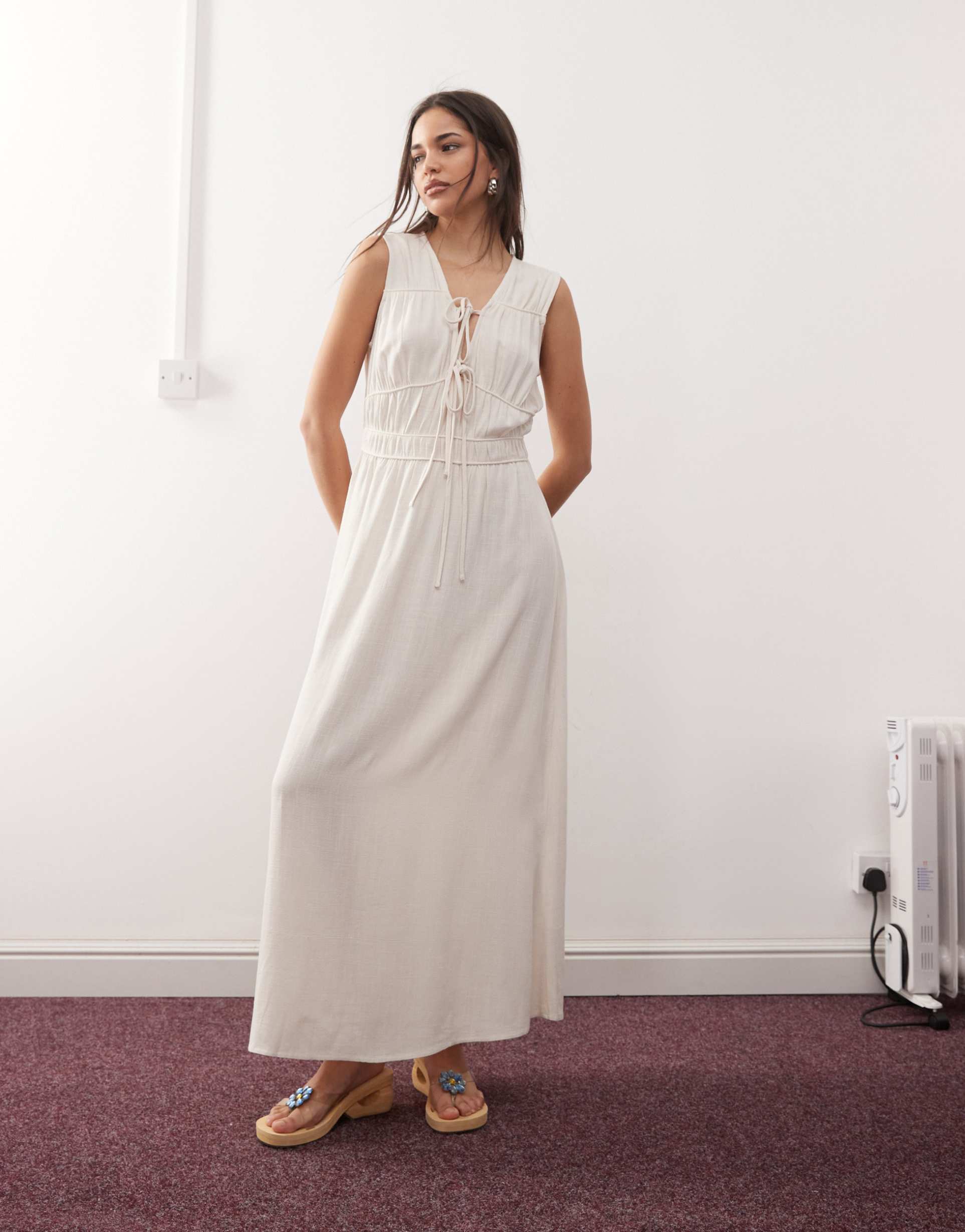 reclaimed vintage linen blend maxi sundress with ruching and ties in ecru