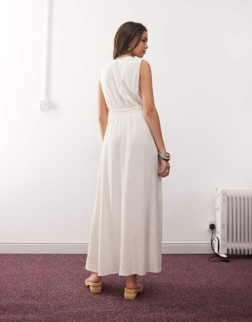 Reclaimed Vintage linen blend maxi sundress with ruching and ties in ecru, 4 of 4