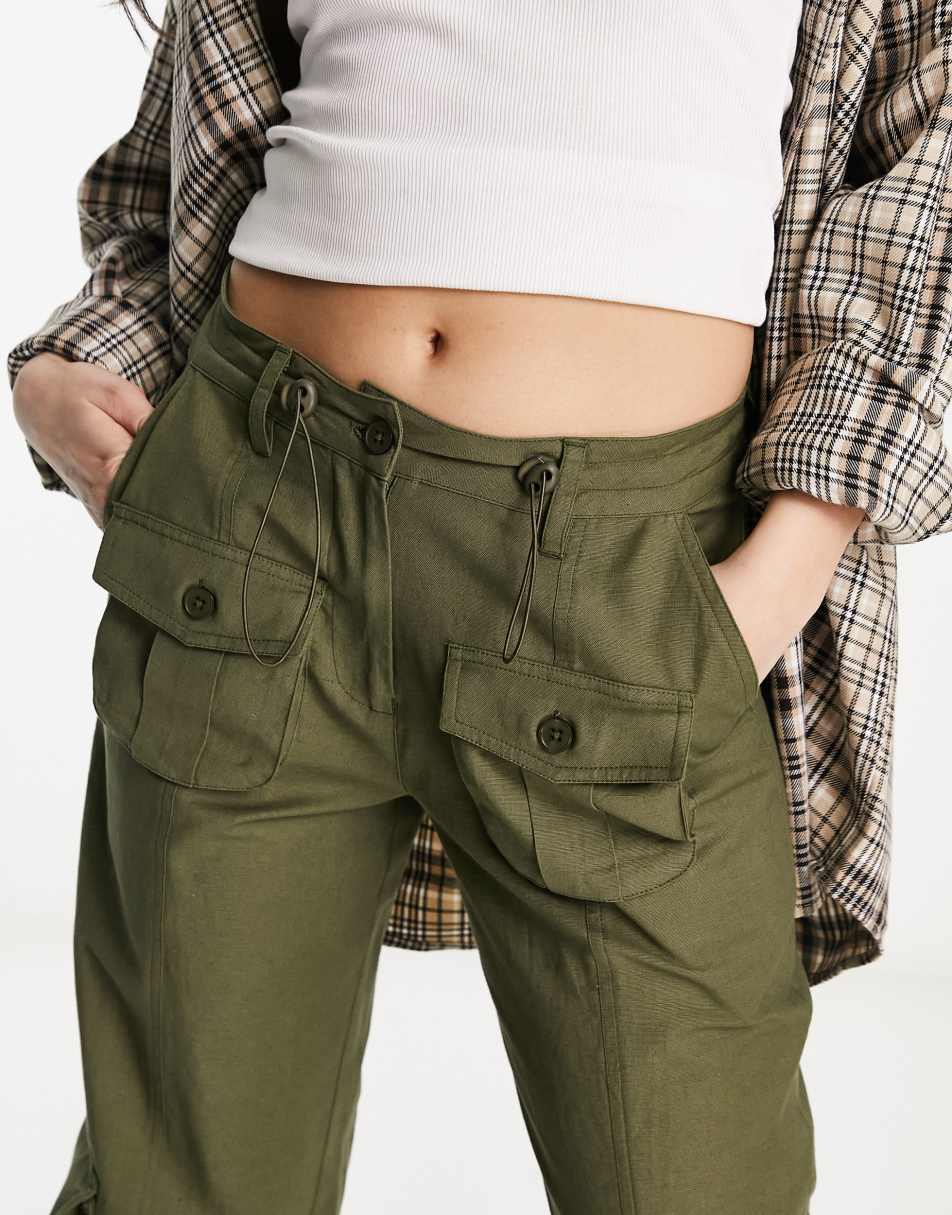 Reclaimed Vintage linen cargo trousers in khaki 0