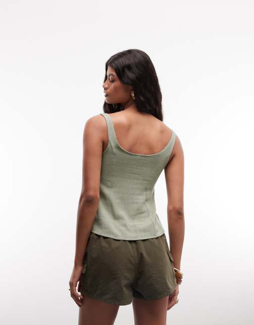 Reclaimed Vintage linen fitted blouse with picot trim in khaki, 4 of 4