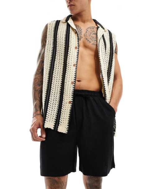 Reclaimed Vintage linen look chino short in black - view 1