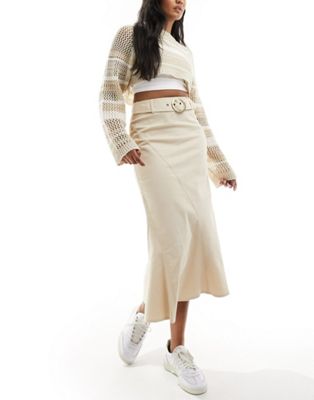 linen maxi skirt with y2k belt-Neutral