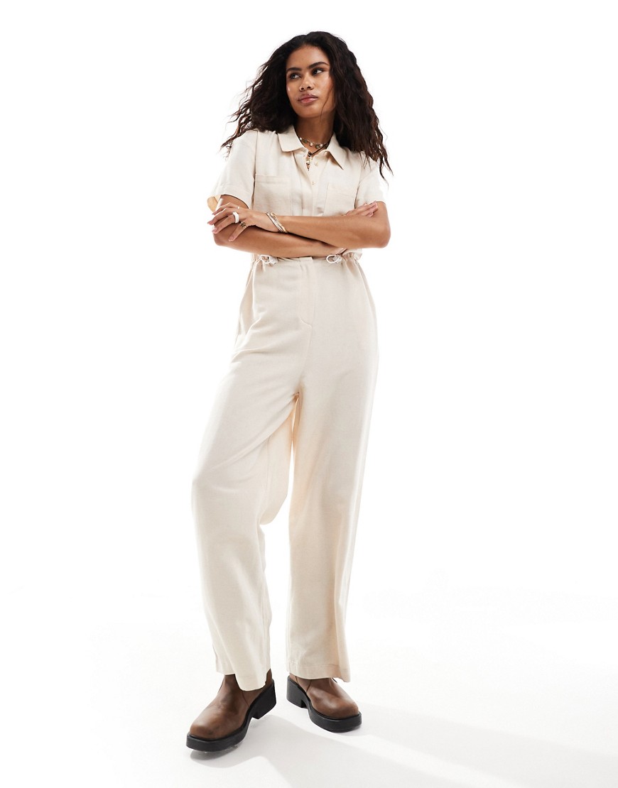 linen mix jumpsuit with drawstrings in neutral