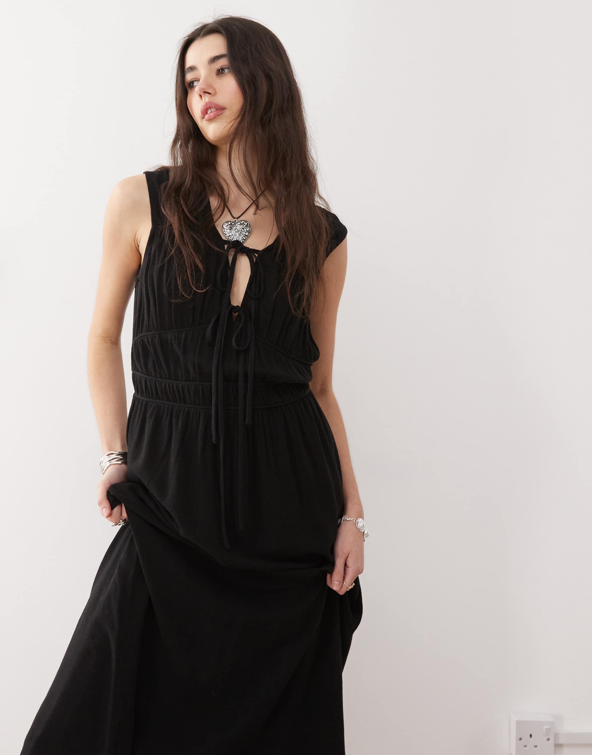 reclaimed vintage linen mix maxi dress with ruching and ties in black