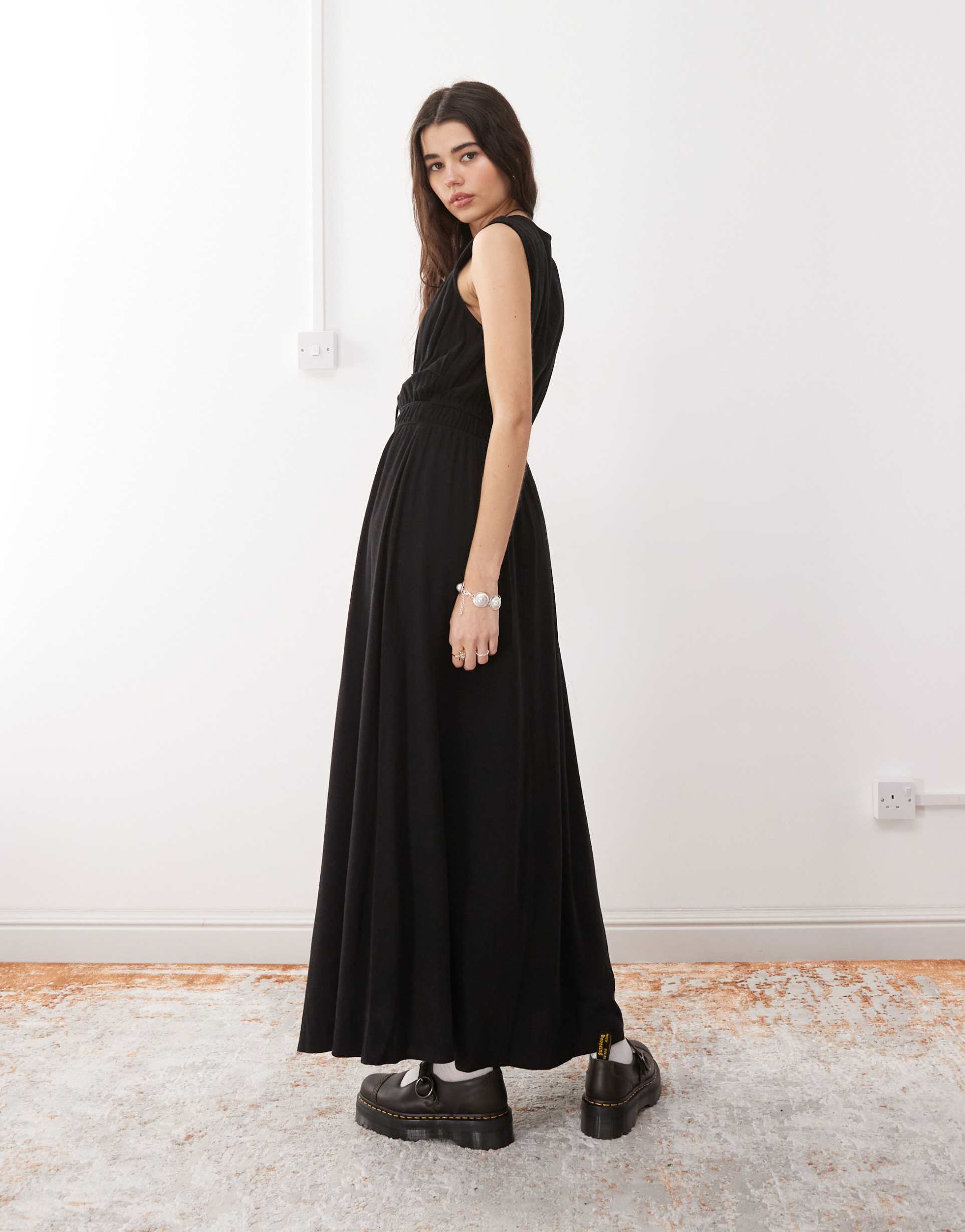 reclaimed vintage linen mix maxi dress with ruching and ties in black