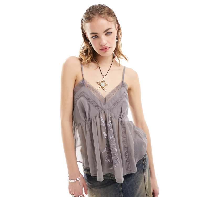 Reclaimed (vintage) Embroidered Cami Top With Sheer Overlay-white in  Natural