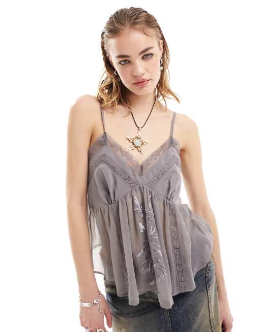 Basic Satin Cami Top Gray Silver, Silk Camisole Top, Silk Slip Top