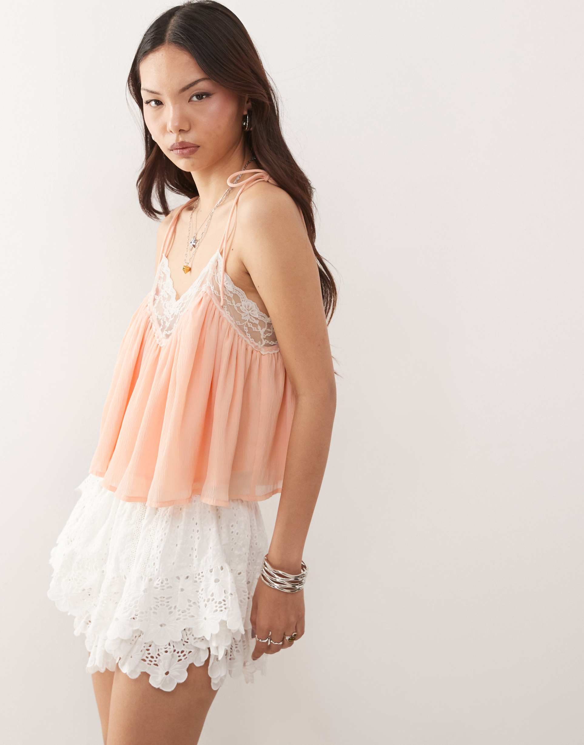 reclaimed vintage lingerie cami top with lace in peach