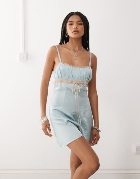 Reclaimed Vintage lingerie satin romper in mint green with lace trim - view 1