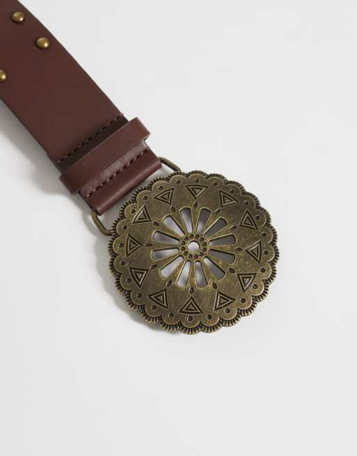 Reclaimed Vintage link disc western faux leather belt in brown, 2 of 3