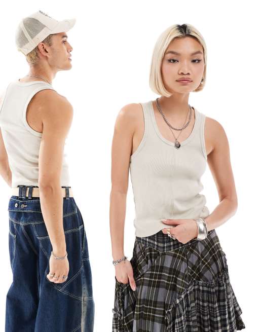 Reclaimed Vintage – Ljusbeige, ribbat linne i krympt unisex-modell 