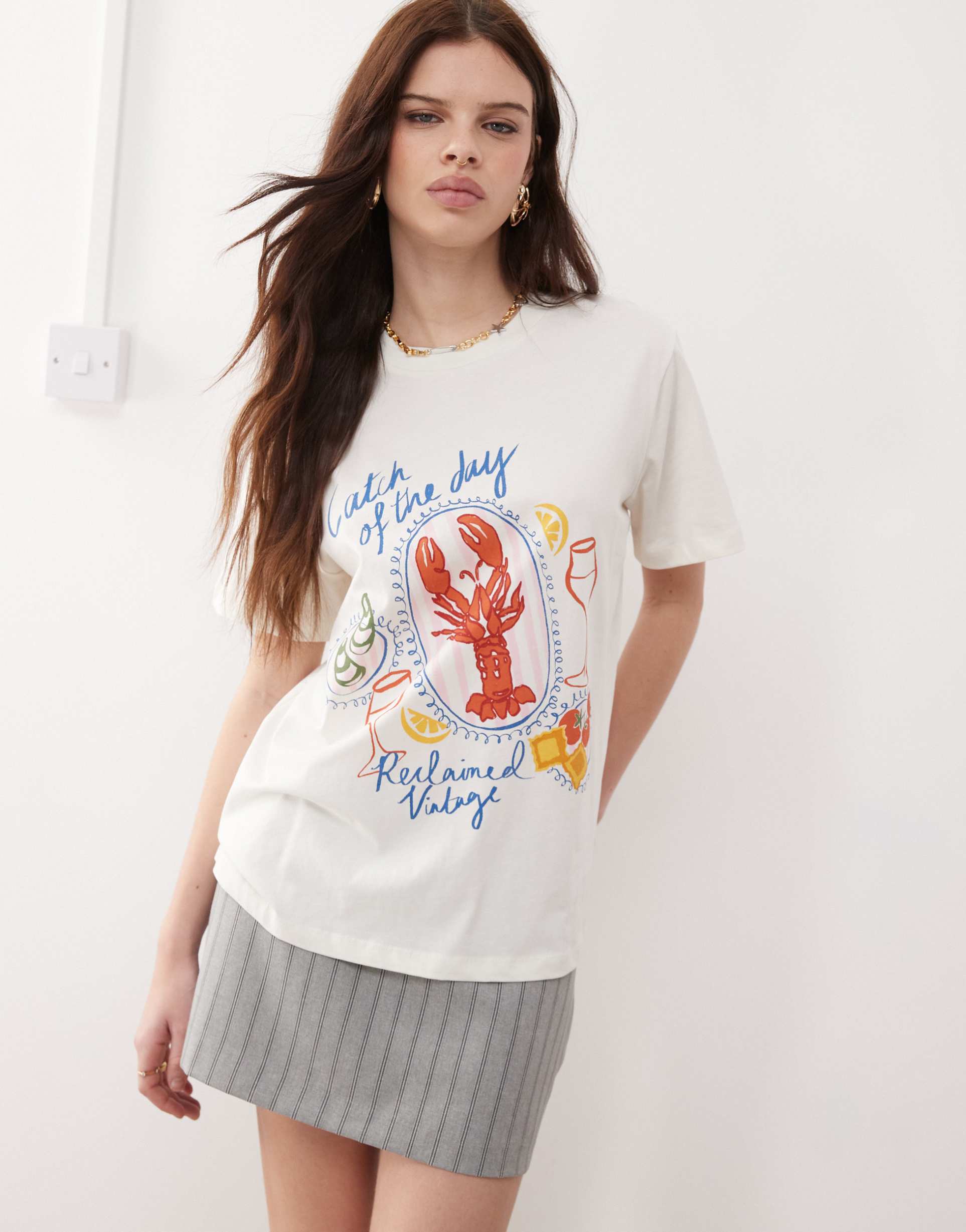 reclaimed vintage lobster dinner print oversized t-shirt in white