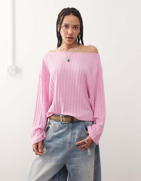 Reclaimed Vintage – Lockerer, schulterfreier Pullover in Rosa - view 1