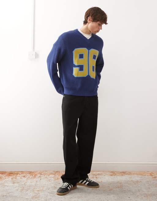 Reclaimed Vintage – Lockerer Strickpullover in Marineblau mit Vollpatent-Strickmuster und V-Ausschnitt, 2 von 5