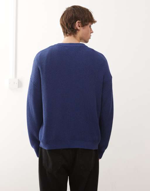 Reclaimed Vintage – Lockerer Strickpullover in Marineblau mit Vollpatent-Strickmuster und V-Ausschnitt, 3 von 5