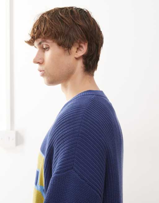 Reclaimed Vintage – Lockerer Strickpullover in Marineblau mit Vollpatent-Strickmuster und V-Ausschnitt, 4 von 5