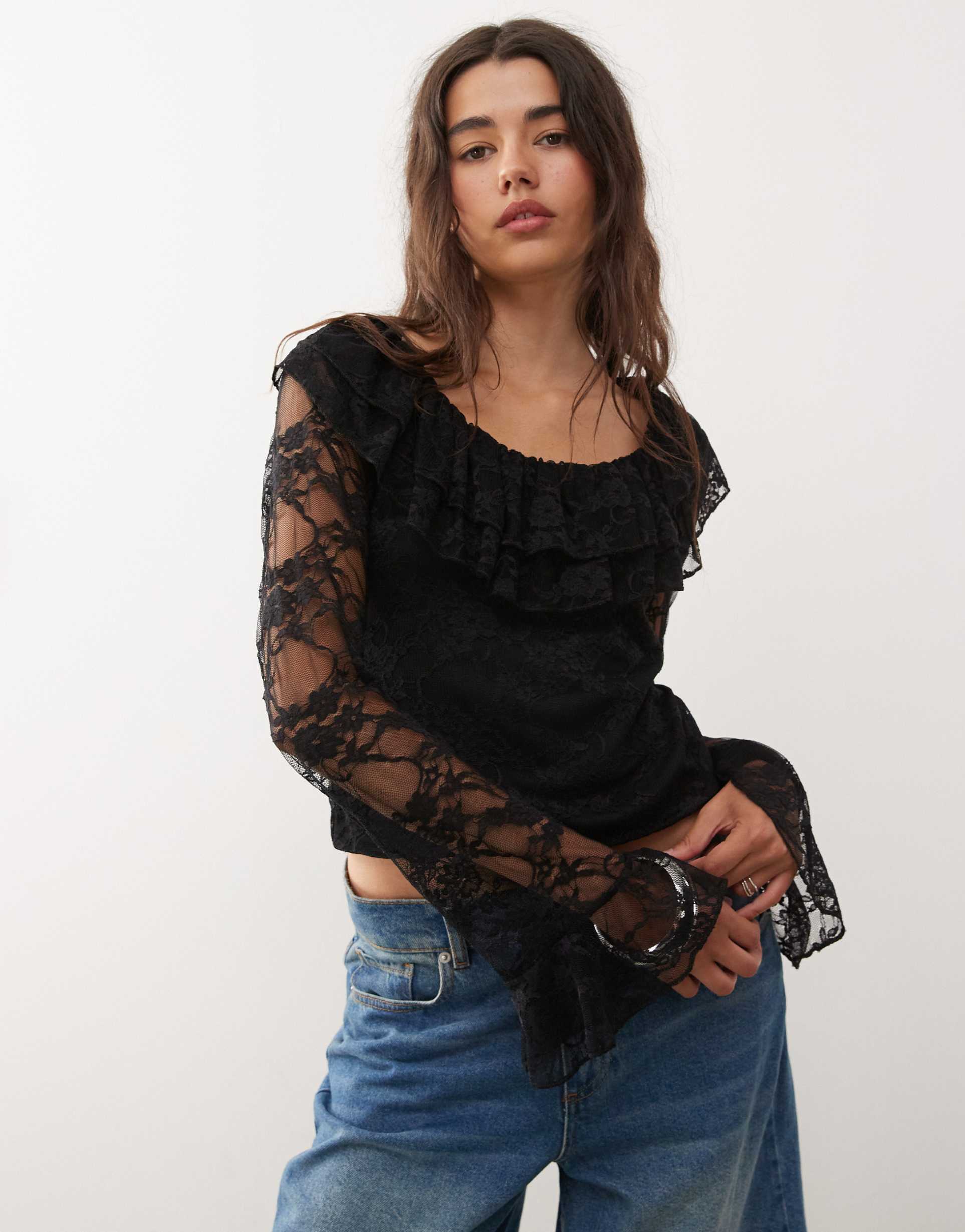 reclaimed vintage long angel sleeve lace top with ruffled neckline in black