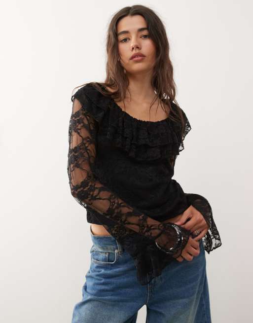 Reclaimed Vintage long angel sleeve lace top with ruffles neckline in black 