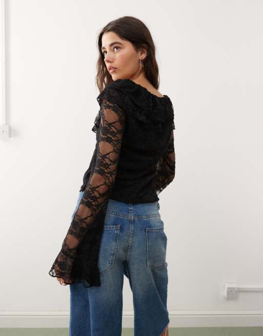 Reclaimed Vintage long angel sleeve lace top with ruffles neckline in black , 4 of 4