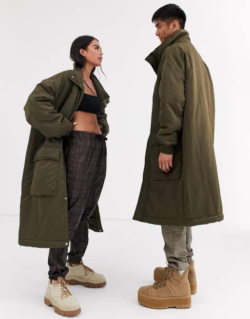 Reclaimed Vintage long puffer jacket in khaki