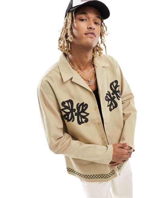 Reclaimed Vintage long sleeve bed jacket shirt with embroidery in beige ASOS