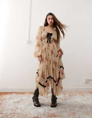 激安通販の sleeve long Vintage Reclaimed boho in dress maxi winter ワンピース
